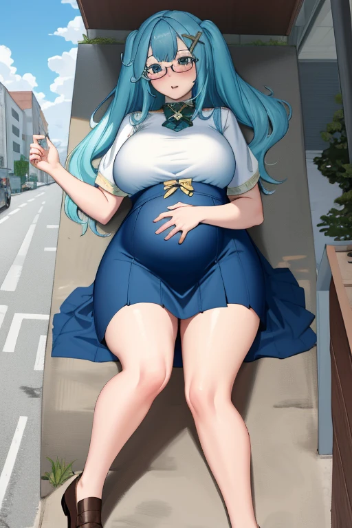 Masterpiece, Giant maiden，Moe two-dimensional style，Pregnancy status，Round belly, Huge breasts, Thick thighs, Thicc，Gaze at the bustling city, Lying down, Burp, Burping, Really loud Burp, Glasses, Embarrassed, Full body