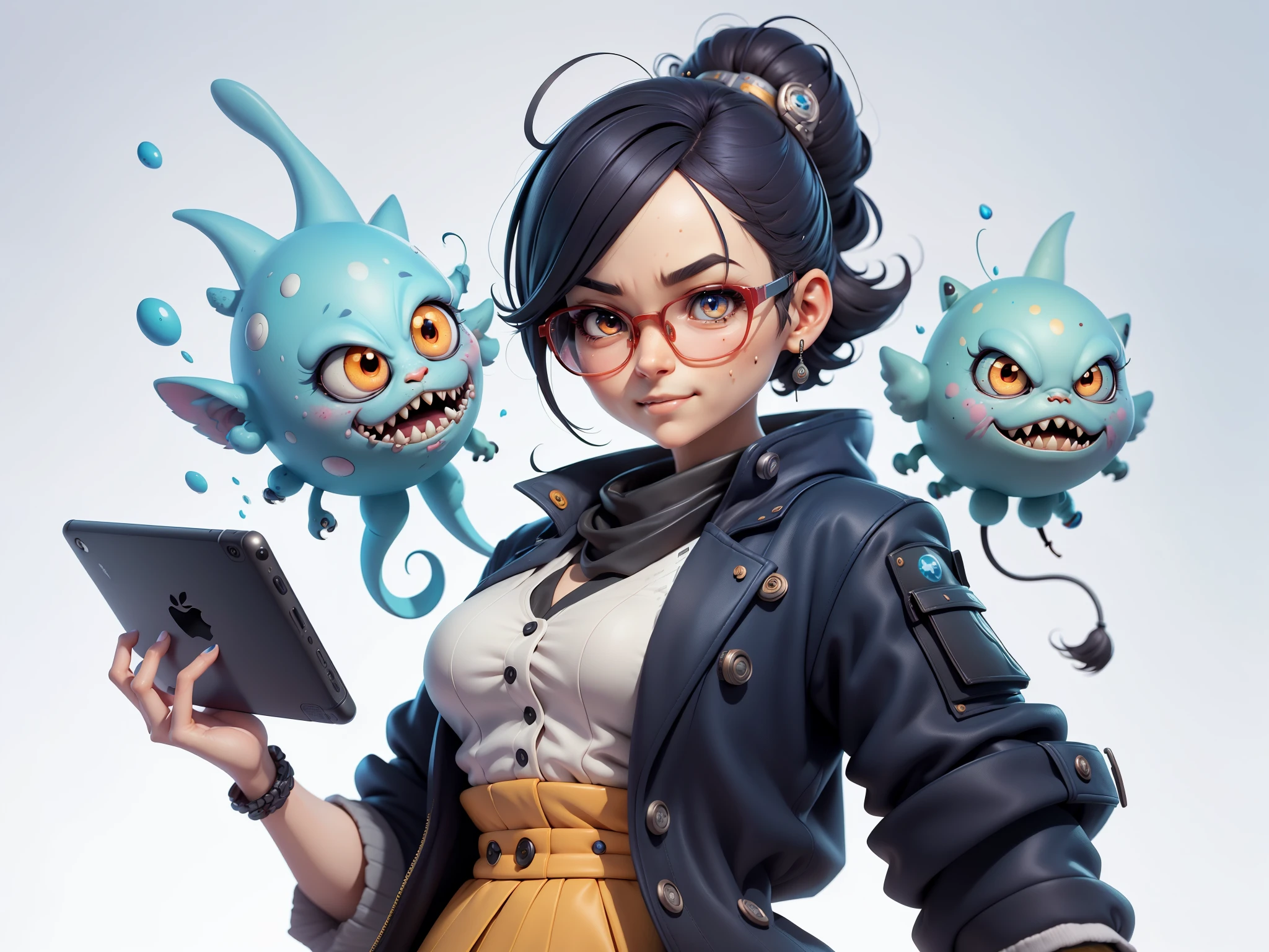 (tmasterpiece), (Excellent), (Super detailed figure: 1.2), Super Young Woman, The beautiful, sexy for, burst, oriental face, TV Anchor, bust portrait, Alone, Black suit, a blue tie, silver glasses, The face is a little fat, face very clean, No beard, black super short hair, 黑The eye, confident smile, 3c Computer Sub-Products, iPad, iPhone, digitial painting, 3D character design by Mark Claireldon and Pixar and Hayao Miyazaki, The illustration is a high-definition illustration in 4K resolution,Visual effects with very detailed facial features and style.