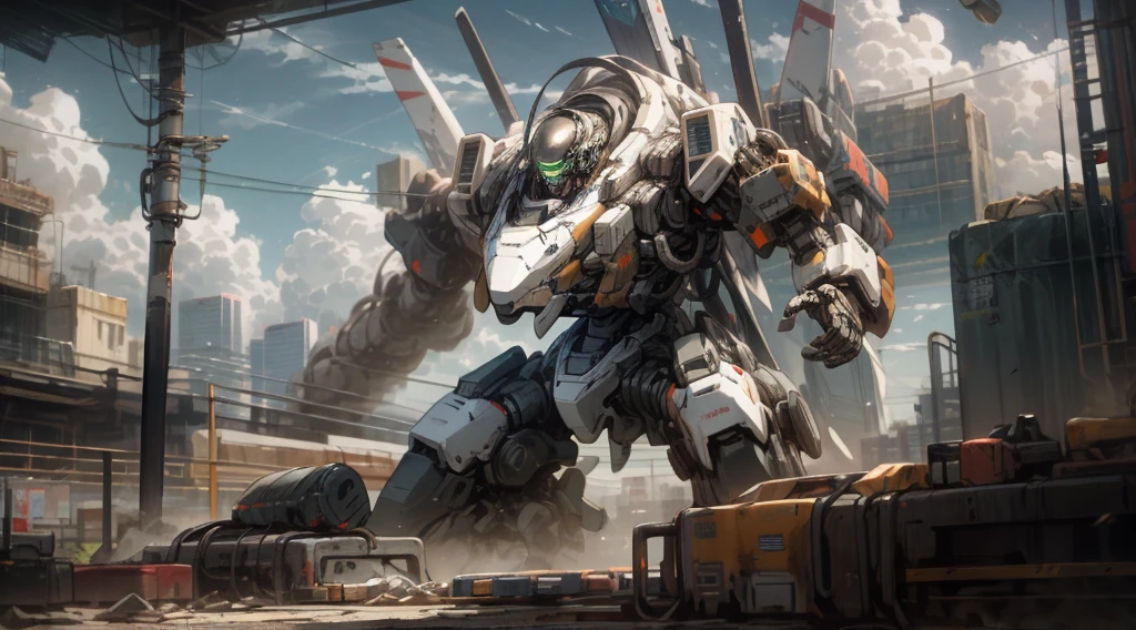 "sky, cloud, holds_weapon, no_human, glowing, robot, building, radiant_eyes, mech, sci-fi, cityscape, realistic, mechanical"