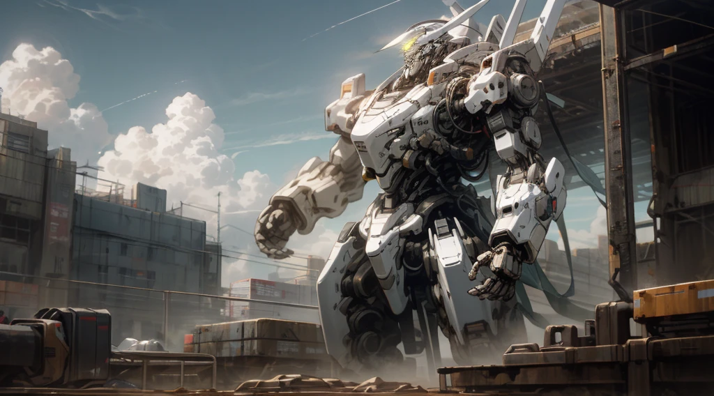 "sky, cloud, holds_weapon, no_human, glowing, robot, building, radiant_eyes, mech, sci-fi, cityscape, realistic, mechanical"