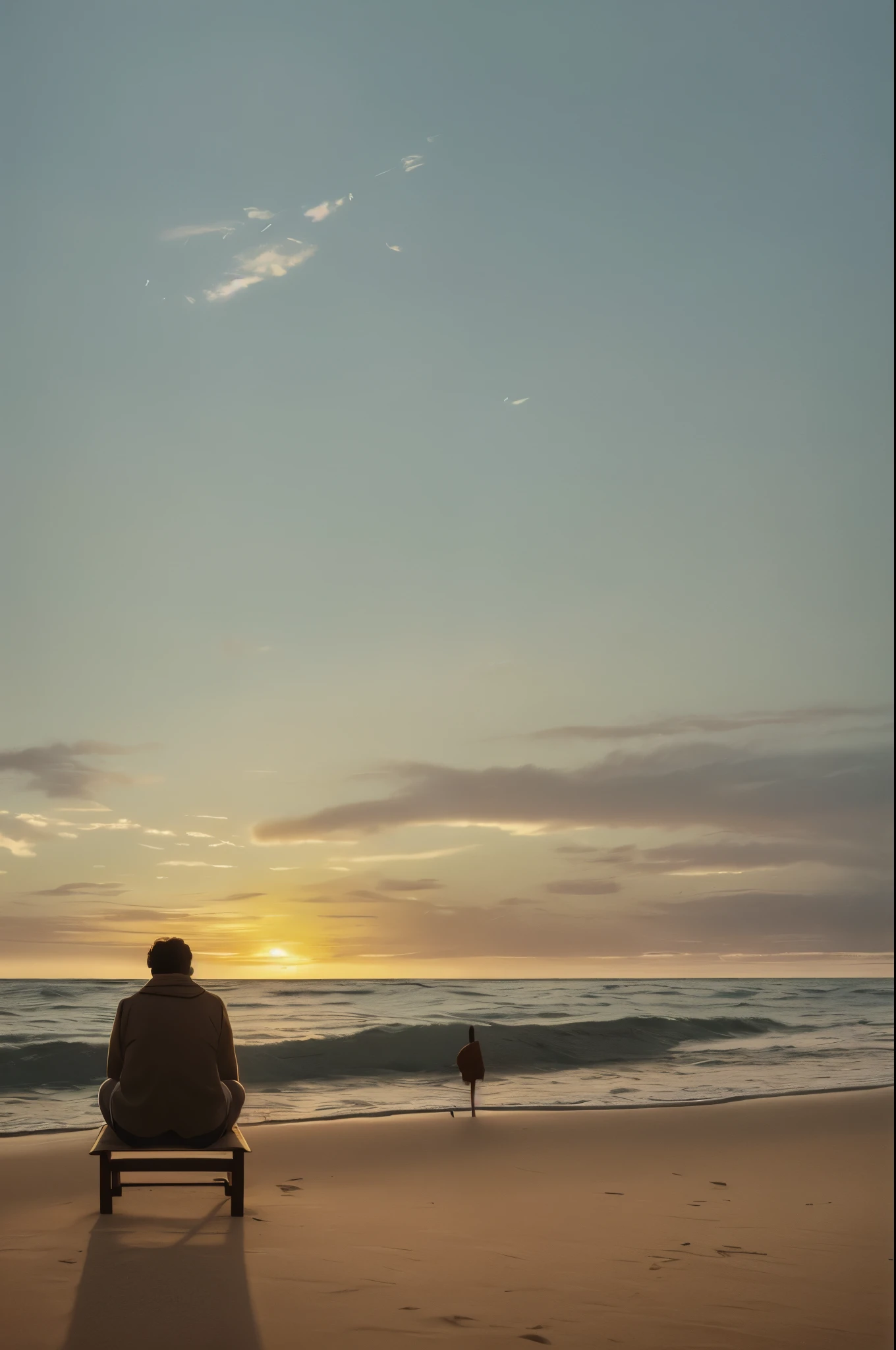 A serene beach at sunset, with gentle waves lapping against the shore, casting a golden glow on the sand and shimmering seashells, a solitary figure sits on a weathered wooden bench, watching the sun sink below the horizon, a bittersweet sense of longing and acceptance, pastel hues, dreamlike atmosphere, captured by Ansel Adams. --auto --s2
