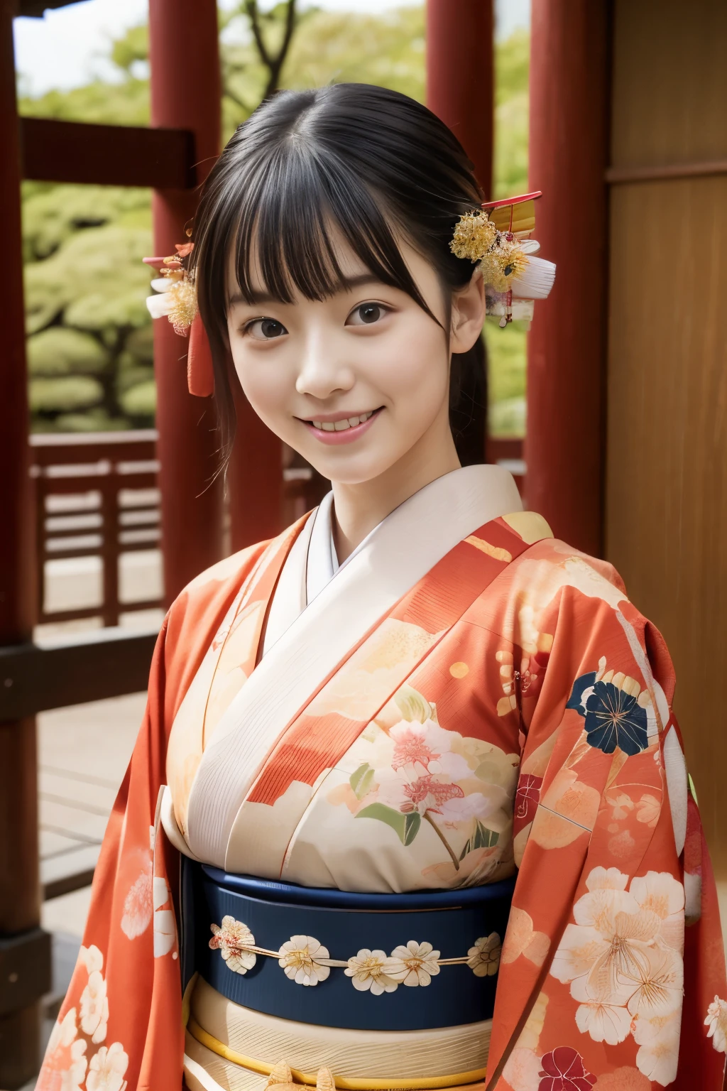 1 beautiful Japan model, 18-year-old female model,  4K、An ultra-high picture quality、bangss、A dark-haired、Kyo-Yuzen、(Kimono, Furisode、Floral pattern in Japanese style:1.5)、(Super cute face in idol style:1.4)、slim and beautiful figure、beutiful breast、A smile、full body Esbian:1.2、January、(In front of the torii gate on the approach to the shrine)、