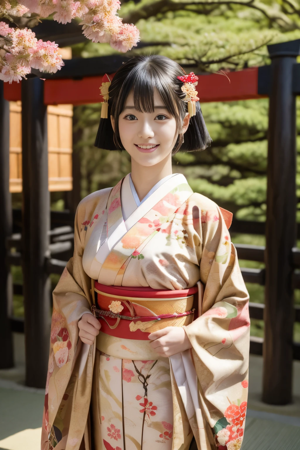 1 beautiful Japan model, 18-year-old female model,  4K、An ultra-high picture quality、bangss、A dark-haired、Kyo-Yuzen、(Kimono, Furisode、Floral pattern in Japanese style:1.5)、(Super cute face in idol style:1.4)、slim and beautiful figure、beutiful breast、A smile、full body Esbian:1.2、January、(In front of the torii gate on the approach to the shrine)、