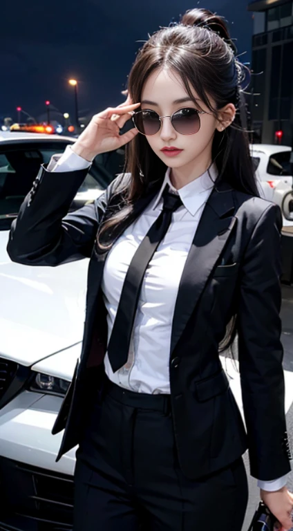 (masutepiece:1.2, Best Quality), 8K,Sharp Focus, One cool woman posing with a sports car, long and untidy hair, Wearing sunglasses, Wearing a black suit with a white shirt and tie,Dynamic Pose, Night city background with beautiful lighting