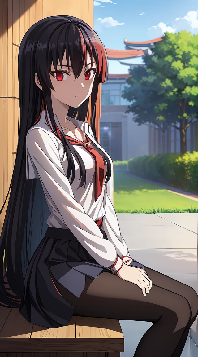 Akame (akame ga kill) anime art style, master piece, best quality,1girl,siting ,very long black hair, perfect face,  expressive eyes, red eyes ,medium breasts ((school uniform Japanese ,White shirt ,blue serafuku, pantyhose,black skirt )),red tie , looking at me ,full body, background school