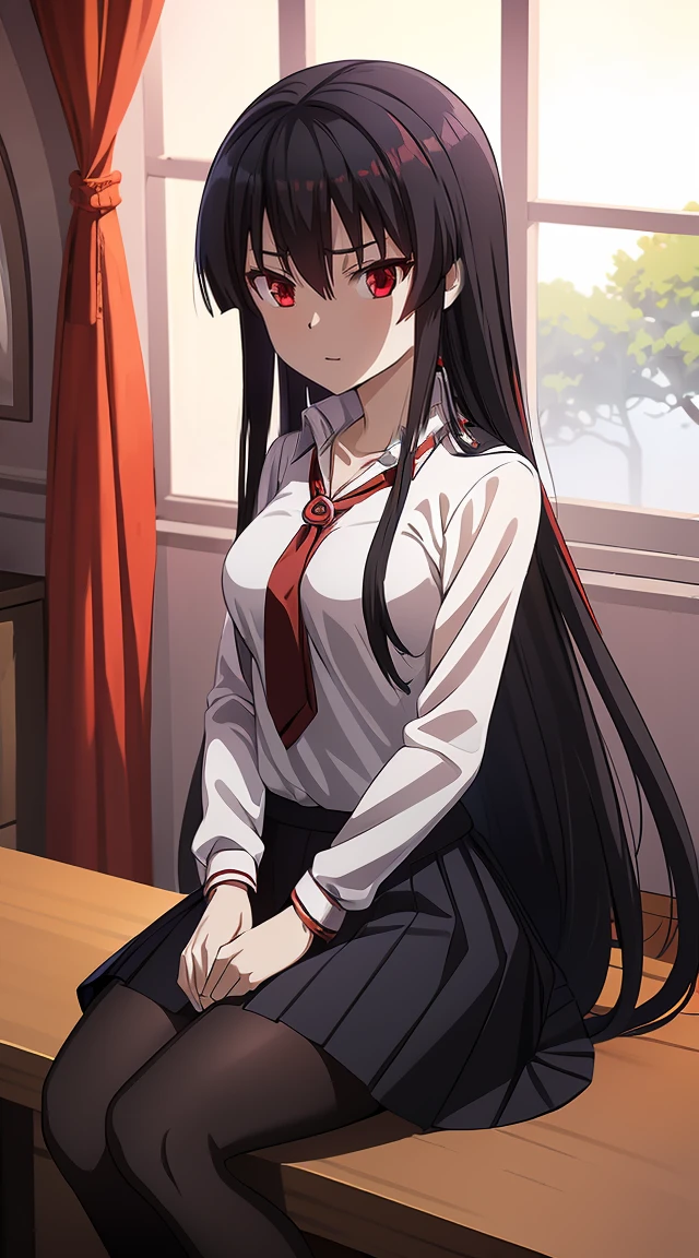 Akame (akame ga kill) anime art style, master piece, best quality,1girl,siting ,very long black hair, perfect face,  expressive eyes, red eyes ,medium breasts ((school uniform Japanese ,White shirt ,blue serafuku, pantyhose,black skirt )),red tie , looking at me ,full body, background school
