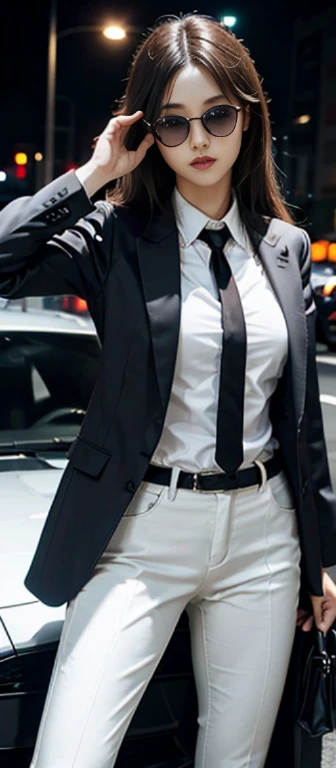 (masutepiece:1.2, Best Quality), 8K,Sharp Focus, One cool woman posing with a sports car, long and untidy hair, Wearing sunglasses, Wearing a black suit with a white shirt and tie,Dynamic Pose, Night city background with beautiful lighting