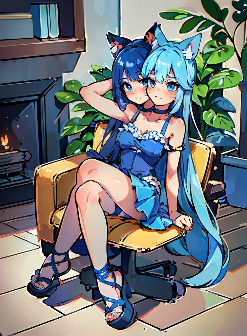 best quality, (masterpiece),(ultra-detailed), (high quality), (high resolution), (2heads:1.5) age girl, ((both having blue long hair)), blue sleeveless cerise minidress, white collar blue shorts, ((full body)), ((catgirl)), cat ears, cat tail, light blue eyes, blue frilled skirt, sandals, red ribbon