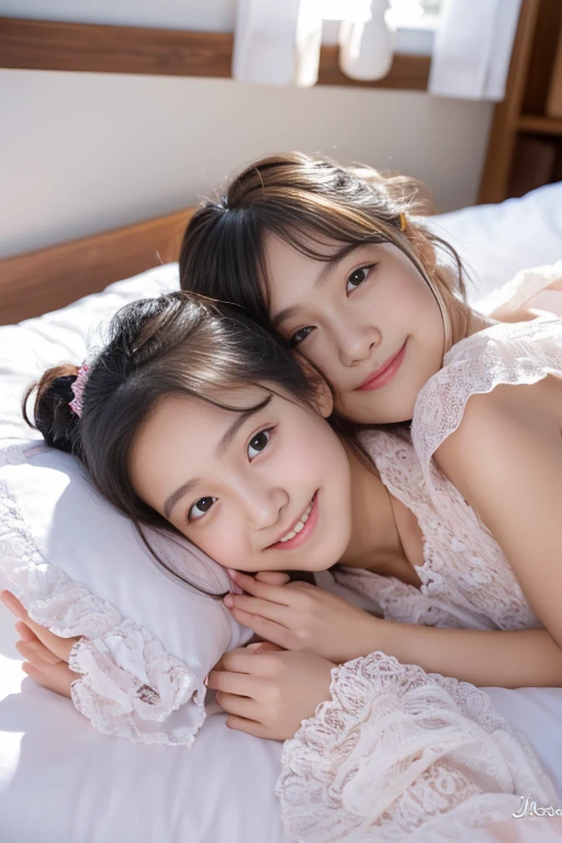 (((masterpiece))),(2 girls in , couple focus, classmates, Adorable, 14years) ,and draw the full body, (Best Quality, 超A high resolution, photographrealistic, ultra-detailliert, 8K),japanaese girl, cheek-to-cheek, cute white lace clothes, Please show me your beautiful teeth,Bursting smile, hair scrunchie, ((Perfect hands without discomfort,Perfect feet with no discomfort)),Super Detailed Face、Detailed lips、A detailed eye、small gravure idol,Transparent skin,I keep my hair up and short,Her breasts are small, A Cup,(((lying face up on the bed))),Lori