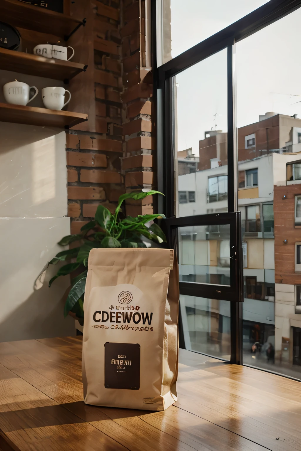 design packaging coffee bag, CodeBrew Brand, over the table with background city throw window