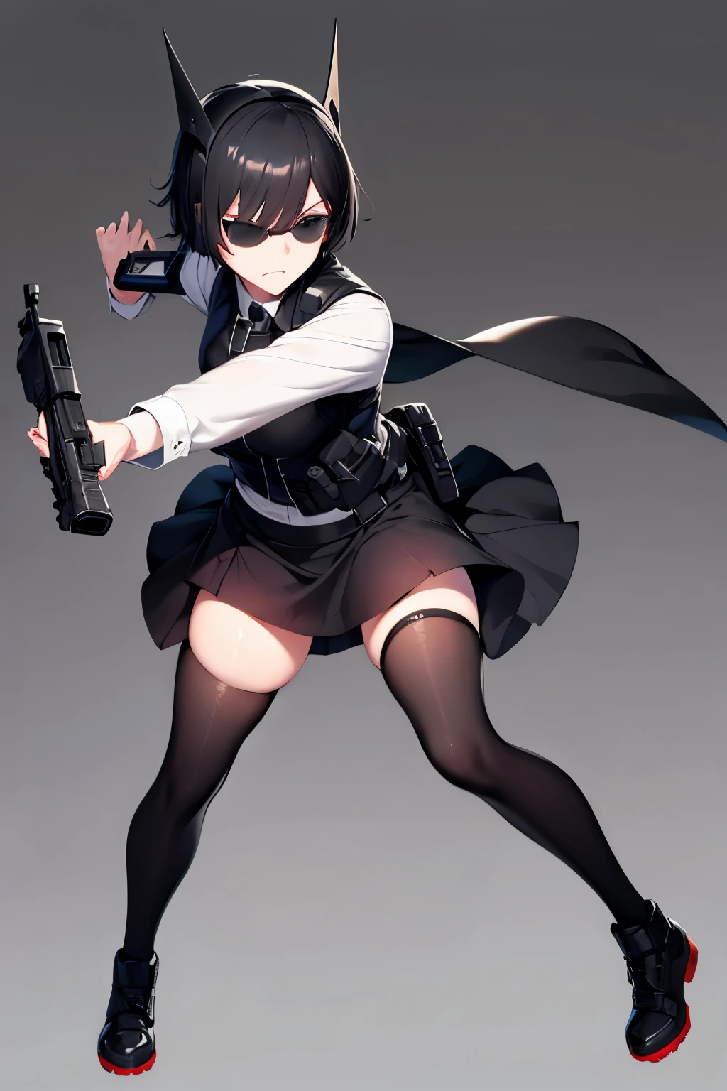 Best quality, expressive eyes, perfect face, woman, with black short hair, Wear a black tactical helmet, Fast googles above she head,  sunglasses, white long-sleeved shirt, black skirt, wearing stockings, bullet black vest, full body, angry,