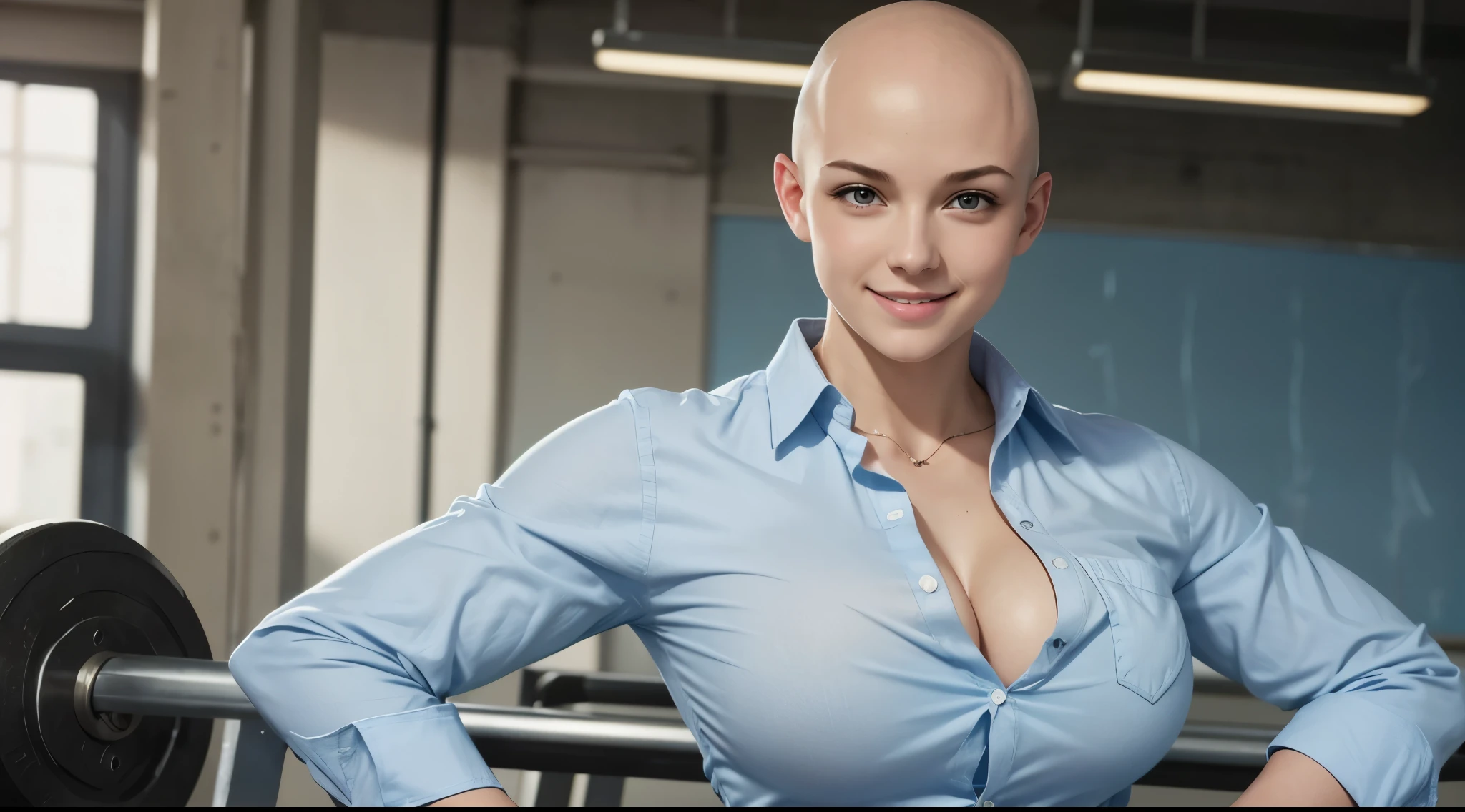 single character, one girl, beautiful young white girl, bald, shaved head, smiling, muscular, strong, busty, school uniform, light blue button down shirt, open collar, unbuttoned, long sleeves, rolled folded sleeves, cleavage, pockets, sweat, striking pose, heavy lifting, training, work out, gym, flexing