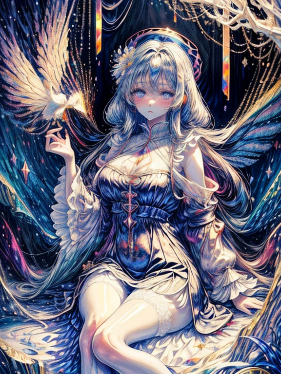 ((Realistic illumination,top Quority,8K,tmasterpiece:1.3)),Clear focus:1.2,1个Giant Breast Girl,Perfect beauty:1.4,Slim abs:1.1,((long dark gray hair,The large:1.2)),(Torn dress:1.3,White transparent full leg stockings:1.2,Mesh transparent white panty interior,during night:1.1),delicated face,二重まぶた,Reached,(Whole body lying in bed: 1.2),facing at camera,Raise your legs high,legs are open,hightquality,tmasterpiece,超A high resolution,(realisticlying:1.4),RAW photogr,1girll,darkly,Deep shading,cold light,Spread your legs apart,Reached,White transparent panties、One girl, 独奏で, (((trapped in big krystal)))(trapped in krystal:1.7),((add eye details)), ((add face details)), krystal, Star, shine, beautiful night sky on background, Moon, Stars on background,Diamonds、たくさんのkrystalが付いたドレス, fantasy dress, A magical dress with a transparent chest, krystal製シースルー, lady with glowing flowers dress, intricate fantasy sheer dress, transparent rainbow color, translucent intricate gown, Detailed translucent costume design, translucent dress, a stunning young ethereal figure, Bejeweled Opal Statue, fantasy transparent costume, Made of dried flowers、Glasswork、glass slipper with gold and white flowers, 気まぐれIntricate details, intricate and Elegant, beautiful detailed Elegant, Fairytale style, ultra Intricate details, Elegant. Highly detailed, complex and beautiful, golden Intricate details, Cinderella, side view Intricate details, Complex gold elements, Intricate details, intricate and detailed, super complex details、The room with blue curtains has a sofa and a table., anime aesthetic, Anime Background, dreamy and detailed, anime beautiful peace scene, Anime Background art, beautiful anime scene, very magical and dreamy, blue and white tones, Relaxing environment, Ethereal dreamy theme, dreamy aesthetic, Anime that won the Aesthetics Award, relaxing concept art, blue themed, quiet and serene atmosphere、A charming, Sheer,The nipple is visible、large boob、sexy-S 100, seductive lingerie camisole、a close up of a woman's underwear with a Bra and panties, bright blue shiny lingerie, lingerie, lingeries beauty, Sheer underwear, laced lingerie, lingerie!!, Bra, wearing sexy lingerie, Bralette, captivating and enticing, harnesses and garters, lingeries, so sexy、Full-body image、The whole body is visible、frombelow、underfoot、Foot first、From head to toe、Toostock、lying back on、on the beds、Sleep in bed、sprawl、Melody Mark,最hightquality、masutepiece、1womanl、独奏、(abstract art:1.4),(Psychedelia Theme:1.6),(Gunjo World:1.5),(Snow World:1.5),(Winter World:1.5),(At the center of the world is the most beautiful woman in the world),(many stars are falling:1.3),A ray of light spreads,Crystals spreading from the center,prisma(Nostalgic landscapes:1.5),(colorful flower:1.3),Garden Girl,gentle sunlight,Soft breeze,Delicate flowers,A rainbow-colored butterfly flaps its wings,Mesmerizing natural beauty,Fragments of Shining Stars, krystal,