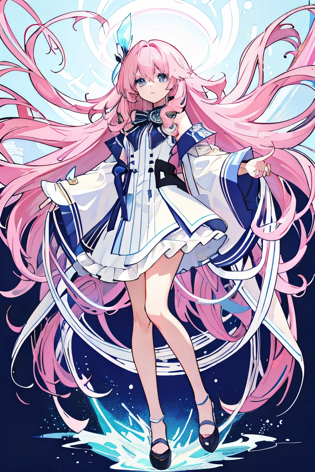 Long light pink slightly curly hair,light blue eyes,Celebrity navy blue white and red bordered full body portrait