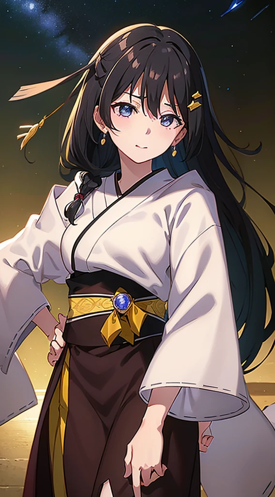 masterpiece, best quality, 1 solo girl, black hair, yellow eyes, long hair, wavy hair, medium breasts, mature body and face, white kimono, jewelry, hair ornament, earrings, tatami, night sky, cowboy shots, sexy pose, dakimakura, detailed body, face, and eyes, sharp focus, vibrant, creative, dynamic, high definition, high resolution, 8k, (Upscale: R-ESRGAN 4x+ Anime6mage enchance:4x), voluptuous body,