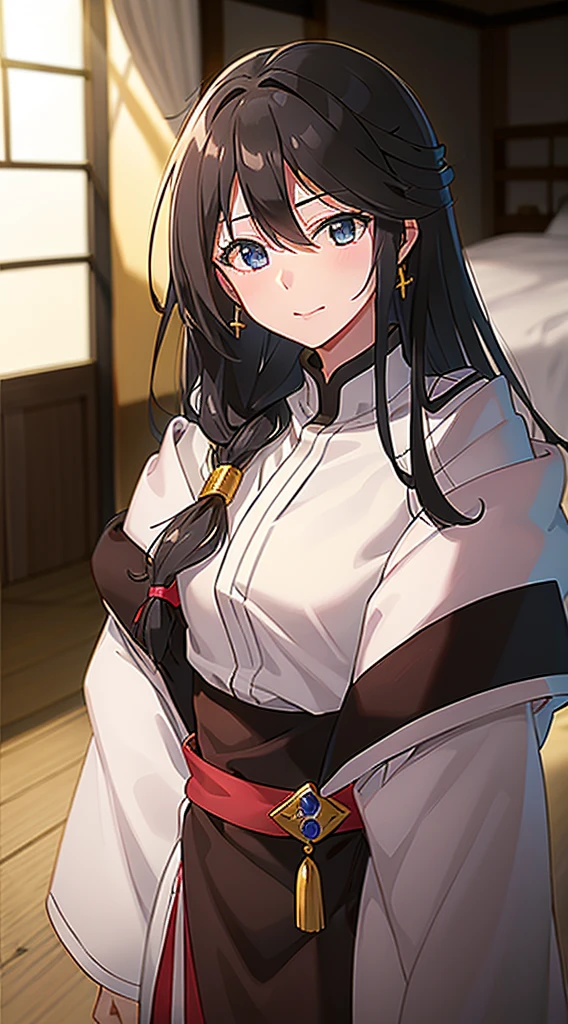 masterpiece, best quality, 1 solo girl, black hair, yellow eyes, long hair, wavy hair, medium breasts, mature body and face, white kimono, jewelry, hair ornament, earrings, tatami, night sky, cowboy shots, sexy pose, dakimakura, detailed body, face, and eyes, sharp focus, vibrant, creative, dynamic, high definition, high resolution, 8k, (Upscale: R-ESRGAN 4x+ Anime6mage enchance:4x), voluptuous body,