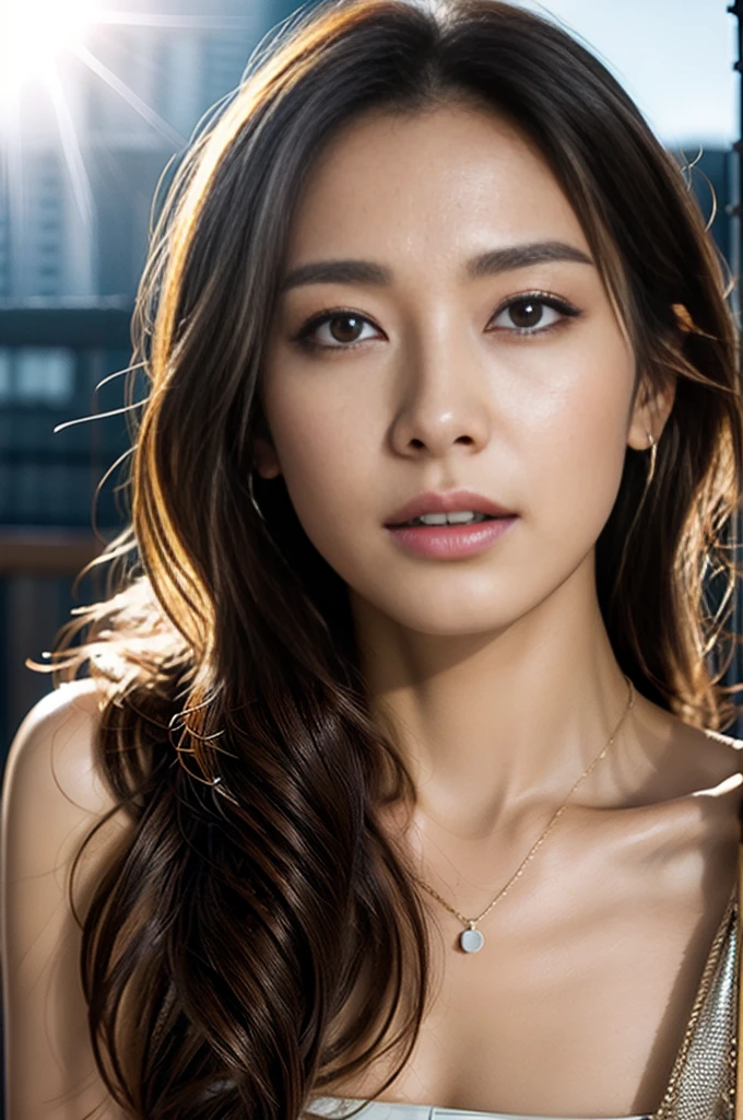 (Photoreal Stick:1.5, masutepiece:1.5, 8K, RAW shooting), (top-quality, masterpiece, 超A high resolution), Mystical portrait, Perfect dynamic composition, Professional camera work, Highly detailed skin and facial texture:1.3, Grow Light Effect, The ultra-detailliert, 1girl in, (On the rooftop, Intense sunlight:1.3, Sunlight pouring down from above:1.3, Strong sunlight spreads across the screen:1.5), (thin satin v-neck dress), (Shoot with blur:1.4, fog the lens:1.4), Model body type, beautiful and clear face, (Eyes that feel beautiful eros:0.9, Enraptured look:1.0, i love you completely:0.8, slightly open mouth, A mouthfeel that feels beautiful eros:0.7), (Dark brown medium hair, the hair flutters with the wind), the chest is medium, a necklace), (leaning, Sit up), ((seductiv))