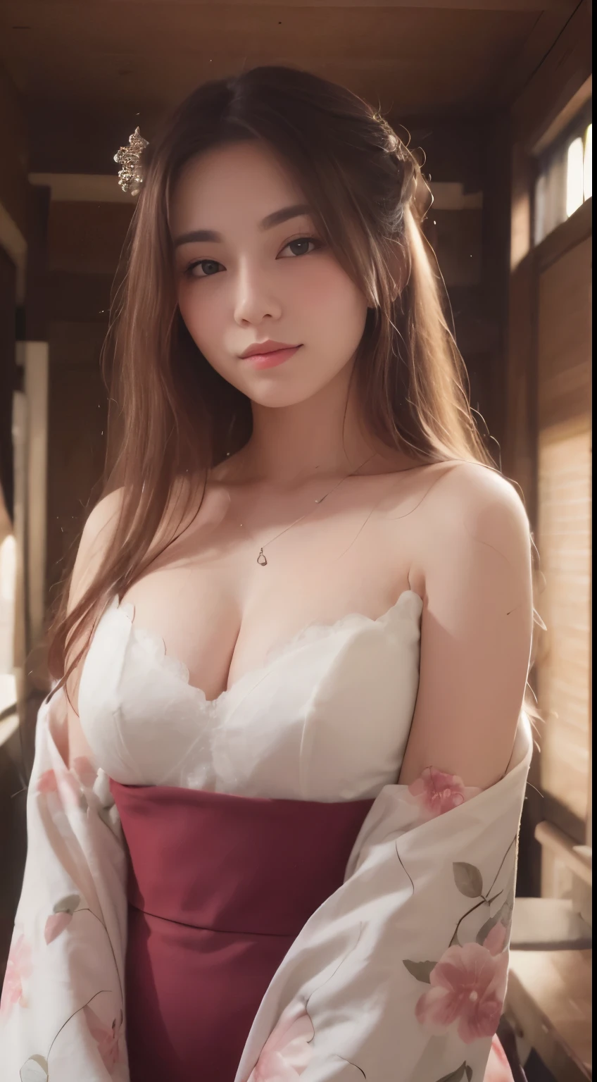 masutepiece, Best Quality, Illustration, Ultra-detailed, finely detail, hight resolution, 8K Wallpaper, Perfect dynamic composition, Beautiful detailed eyes, Off-Shouldee Kimono,Medium Hair,Small breasts natural color lip, Bold sexy poses,Smile,Harajuku、20 years girl、Cute、Sexy shot looking at camera