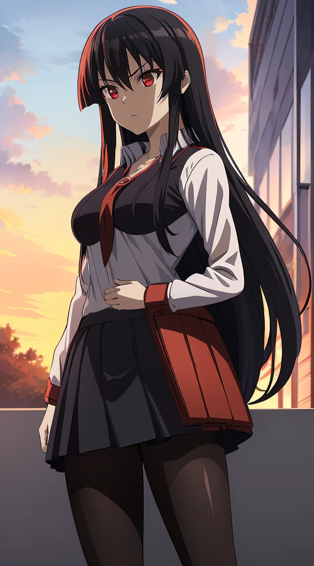 Akame (akame ga kill) anime art style, master piece, best quality,1girl,very long black hair, perfect face, expressive eyes, red eyes ,medium breasts ((school uniform Japanese ,White shirt ,blue serafuku, pantyhose,black skirt )),red tie , looking at me ,full body, background school