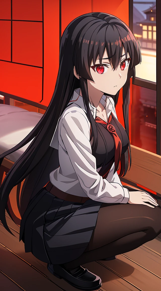 Akame (akame ga kill) anime art style, master piece, best quality,1girl,very long black hair, perfect face, expressive eyes, red eyes ,medium breasts ((school uniform Japanese ,White shirt ,blue serafuku, pantyhose,black skirt )),red tie , looking at me ,full body, background school