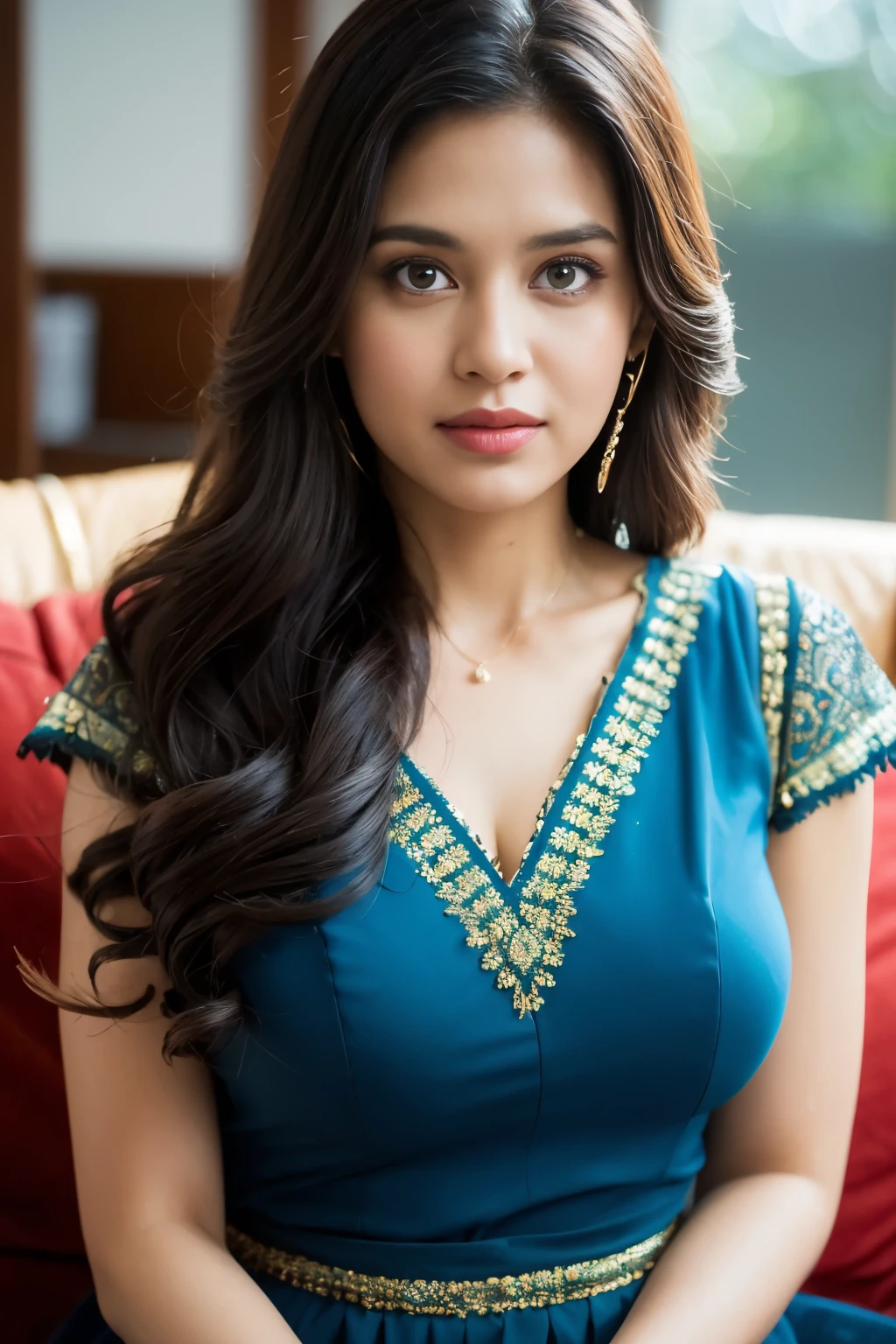 Portrait of A confident-looking indian girl long flowing hair, hazel and brown eyes, c-cup breasts, sitting on sofa, office background, bokeh, perfect composition, hyperrealistic, super detailed, 8k, high quality, trending art, trending on artstation, sharp focus, studio photo, intricate details, highly detailed, art by greg rutkowski