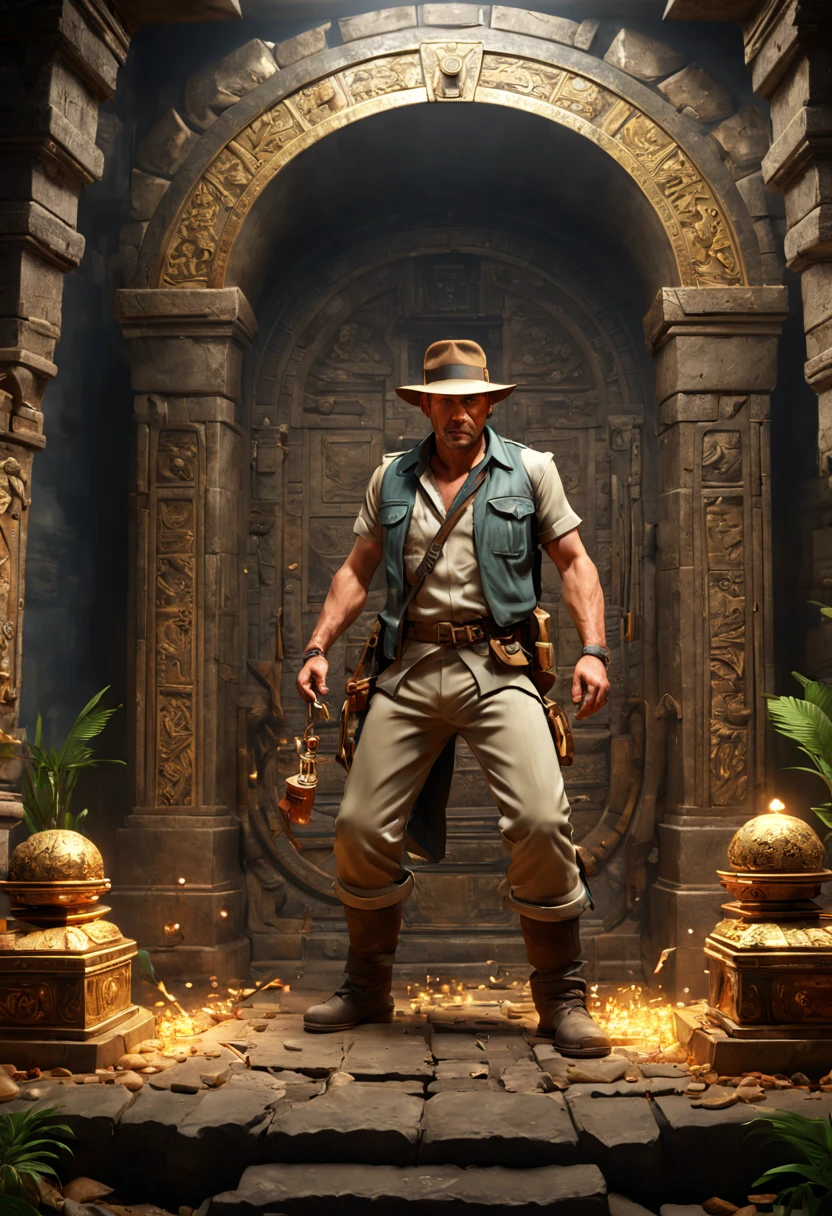 Indiana Jones and the Emperor Tomb, treasure, octane render, enhance, intricate, (masterpiece, Representative work, official art, Professional, unity 8k wallpaper:1.3)