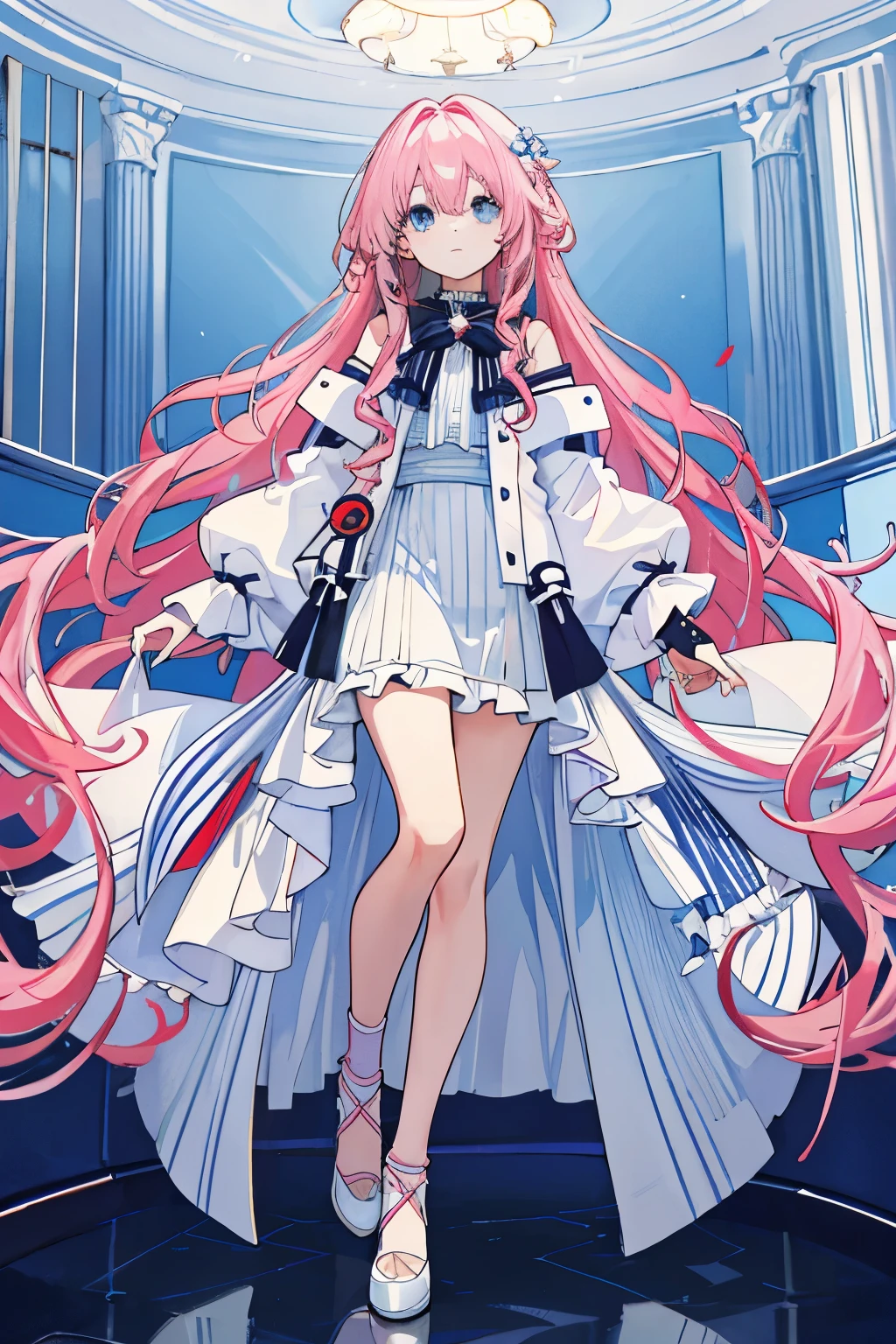 Long light pink slightly curly hair,light blue eyes,Celebrity navy blue white and red bordered full body portrait