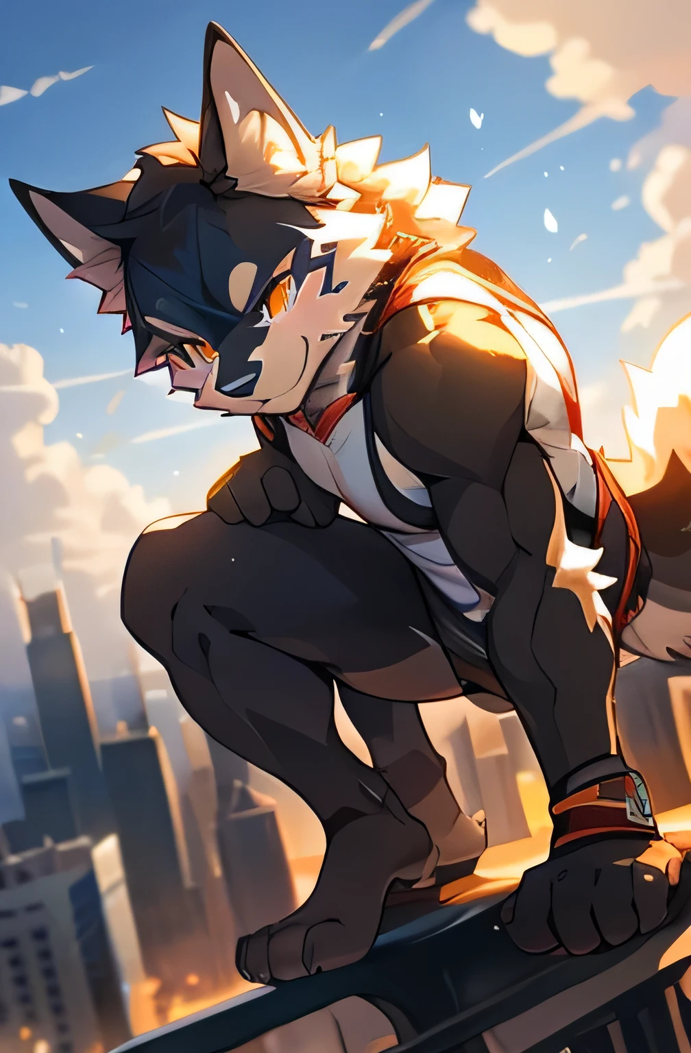 solo, male, black wolf, (komono,furry, anthro), loyalty, athletic, city, rooftop, parkour, dynamic lighting, day, glow, beautiful clouds, depth of field, ant-perspective, top-quality,best qualityer,rzminjourney,vectorial art, , niji, round form, (humanoid wolf:1.2), Smiling warmly,