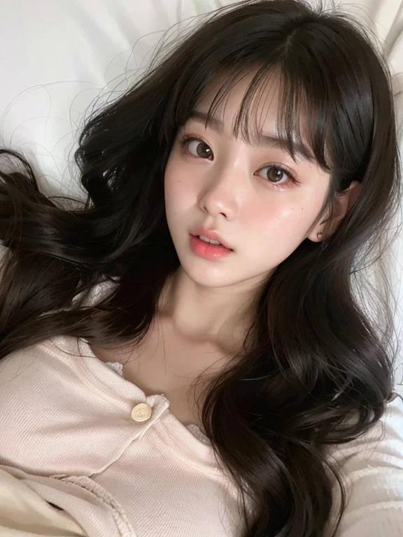 um close up de uma mulher deitada na cama com um travesseiro, Ulzzang, coreana, young adorable korean face, mulher coreana jovem bonita, Mulher sul-coreana bonita, linda mulher coreana jovem, young cute wan asian face, maquiagem sul-coreana popular, wan adorable korean face, maquiagem coreana popular, Jang Wonyoung, Beautiful Asian girl, korean face features