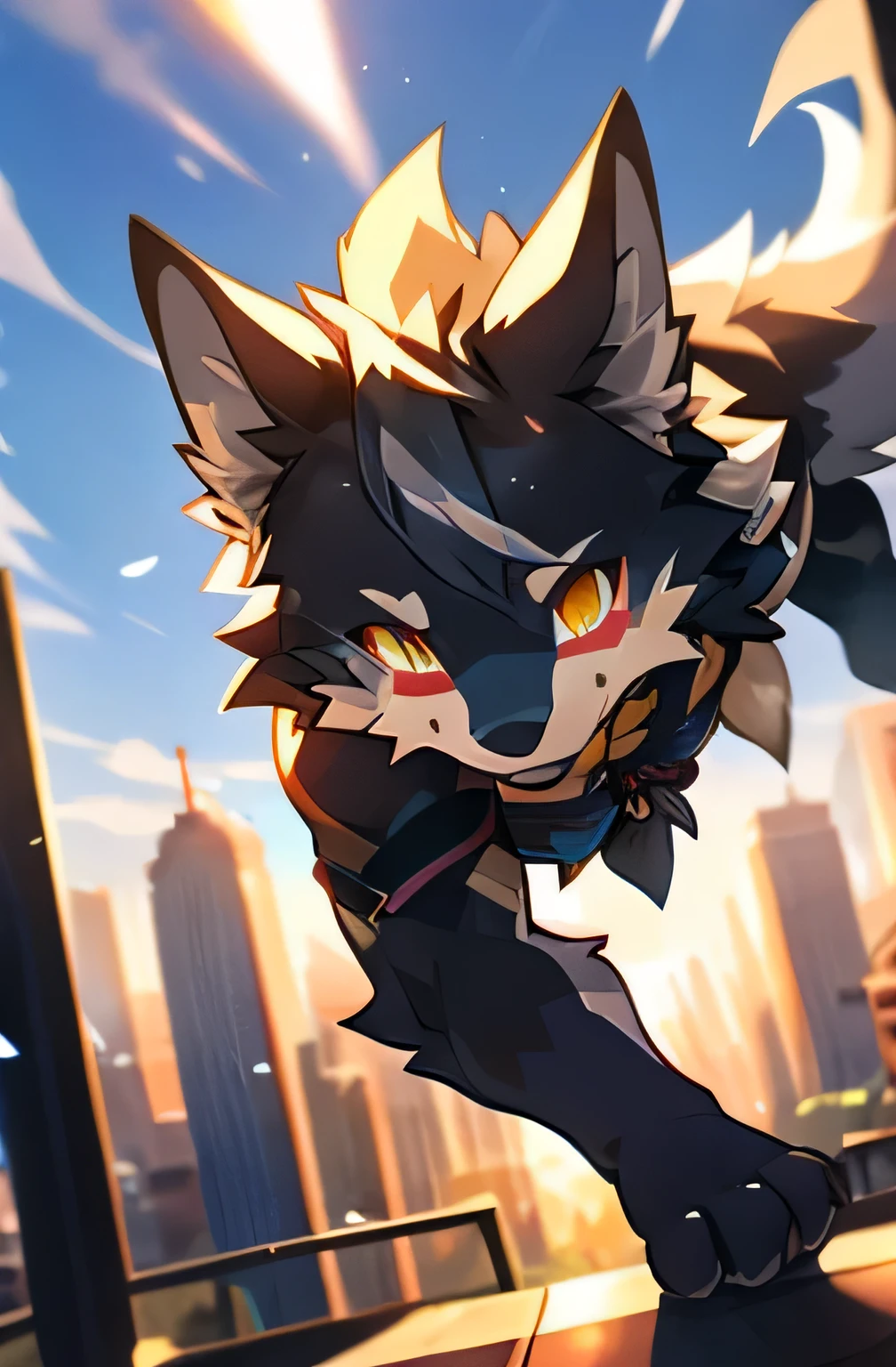 solo, male, black wolf, (komono，furry, anthro), loyalty, athletic, city, rooftop, parkour, dynamic lighting, day, glow, beautiful clouds, depth of field, ant-perspective, top-quality，best qualityer，rzminjourney，vectorial art, , niji, round form， (humanoid wolf:1.2), Smiling warmly，