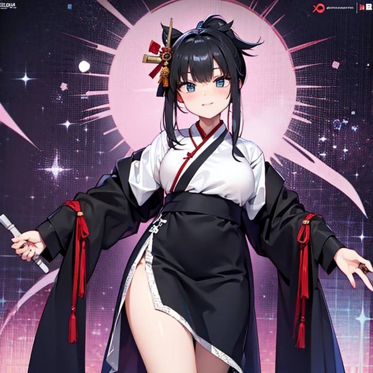 skinny girl, ultra high definition, very detailed, shuriken, shot, bundled hair, whole body, traditional Japanese outfit, short skirt, 23 years old, destroyed planet background, two tone hair (black, purple), Cheng'an, beautiful eyes
