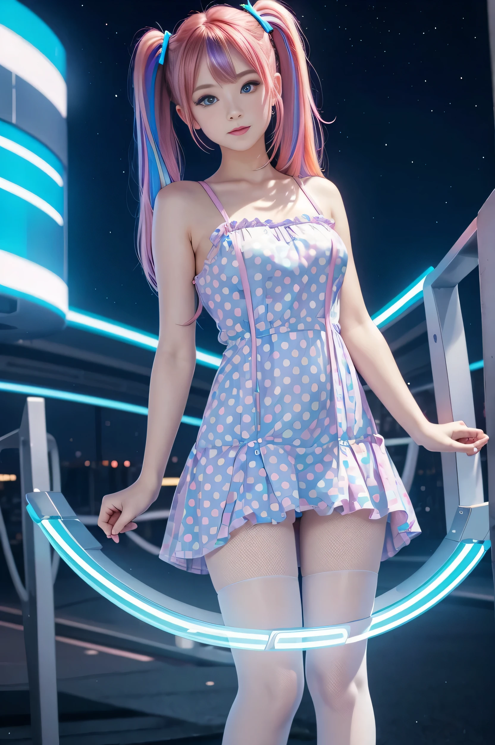 Cute redhead, gravure Idol, with rainbow colored hair tips, ribbons in her hair, 18-year-old woman, happy, in twin tails, perfect symmetrical eyes, clear sparkling blue eyes, pale skin, silky smooth skin, standing on a futuristic ((TRON: 1.2)) city street, night time, soft lighting, wearing a futuristic party dress, pleated (chemise) mini dress (pastel rainbow colors, and polka dots), wearing full body pantyhose, cute short cut booties.