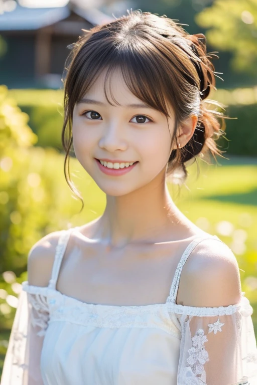 (((​masterpiece))),  (One beautiful Japan girl, classmates, landscape and innocence，kawaii) ，超A high resolution, Realistic, ultra-detailliert, 8K,top-quality, Extremely detailed, Detailed background,A slender,very beautiful japanese girl, Detailed face:1.3), (Boyish short-haired，A dark-haired :1.4), (a baby face，kawaii系,adorable 14 year old girl), (Perfect body:1.1), White lace, The best smile,show me your beautiful teeth， beautiful off shoulder clavicle,Super Detailed Face、Detailed lips、A detailed eye、small gravure idol，Transparent skin、Lori