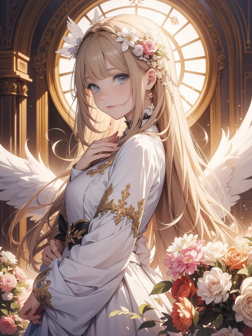 Official art, ヨーロッパのmasterpiece女性, Angel, one white winged, Pale brown hair , Brown eyes, (masterpiece、top-quality、hight resolution: 1.4),in 8K, Anime Art Nouveau, highly detailed exquisite fanart, anime fantasy illustration, clean detailed anime art, detailed anime art, Sharp Focus, Delicate Beautiful Hair and Eyes and Face, realisitic, ultra-detailliert, Flower Garden