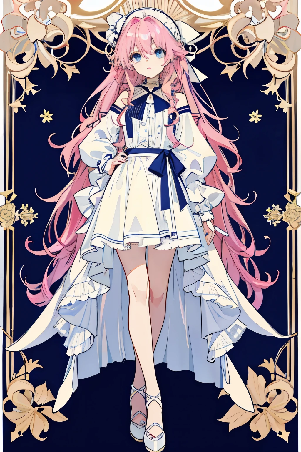 Long light pink slightly curly hair,light blue eyes,Celebrity navy blue white and red bordered full body portrait