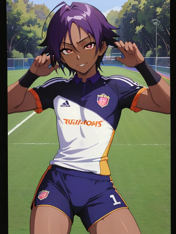 (((Official art,superfine illustration,hight resolution, masutepiece, best qualtiy,Best Quality,)))hightquality, detaileds, (A little boy),12 years old, A young ace striker male idol with a super cute face,A boy as beautiful as Planding, Cool handsome face with smile, soccer spike, Long legs, thighs thighs thighs thighs, Foots, Bulge, (Purple hair、Spiky hairstyle)、Shiny hair, (tight shiny orange soccer uniform suit), (tight and shiny soccer shorts), (Knee support), tussock, Cool pose, (厚いthighs thighs thighs thighs、Seduce your big ass to your crotch)、(((soccer field in the park)))、((cocky、))、Smirk、Spread legs,Ultra-fine painting, (Best Quality, 4K, 8K, hight resolution, masutepiece:1.2),(((Being aware of the sexual gaze of middle-aged gay men)))、Service Shots、(((Dark skin)))、((detailedsな目:1.2))、kawaii eyes、