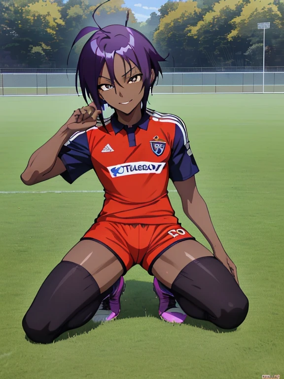 (((Official art,superfine illustration,hight resolution, masutepiece, best qualtiy,Best Quality,)))hightquality, detaileds, (A ),12 years oace striker male idol with a super cute face,A boy as beautiful as Planding, Cool handsome face with smile, soccer spike, Long legs, thighs thighs thighs thighs, Foots, Bulge, (Purple hair、Spiky hairstyle)、Shiny hair, (tight shiny orange soccer uniform suit), (tight and shiny soccer shorts), (Knee support), tussock, Cool pose, (厚いthighs thighs thighs thighs、Seduce your big ass to your crotch)、(((soccer field in the park)))、((cocky、))、Smirk、Spread legs,Ultra-fine painting, (Best Quality, 4K, 8K, hight resolution, masutepiece:1.2),(((Being aware of the sexual gaze of middle-aged gay men)))、Service Shots、(((Dark skin)))、((detailedsな目:1.2))、kawaii eyes、