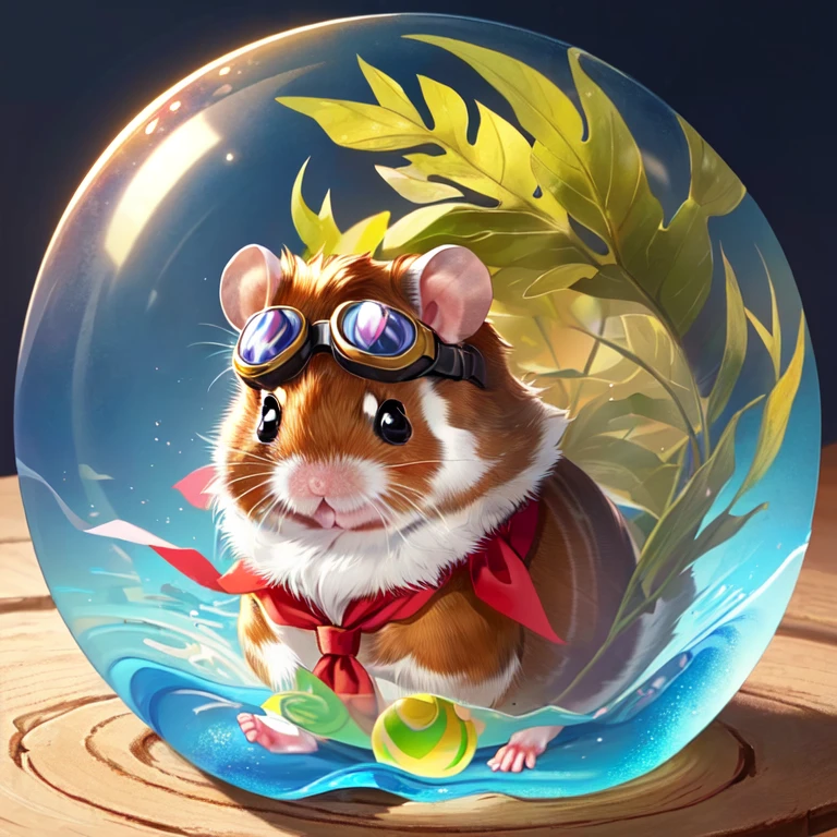 ((1hamster in a plastic ball, animal solo, male hamster, goggles on forehead)), cute, cool, chibi, red neckerchief, adventurer, best_quality, design, hires, highly detailed, centered, round