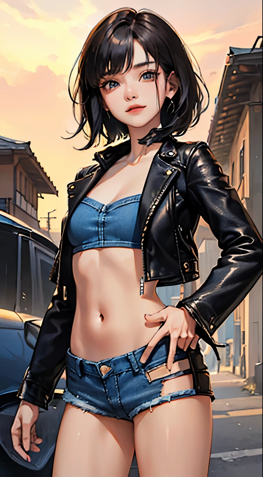 ,(official art、Best Quality、Unity 8k Wallpapers、32K、 masterpiece、ultra-detailliert、high resolution、realisitic、Photorealsitic:1.2)、(natural soft light:1.2)、Fireglow effect、film grains、Best Shadows、Rim lighting、side lights、(Ultra-detailed and complex 3D rendering)、Detailed beautiful face and eyes,20-year-old beauty、japanes、black hair,short bob hair,a smile,(smaller head、skinny,slender body,small breasts),(Leather jacket、Torn denim fabric shorts:1.5),outside of house、In the street、