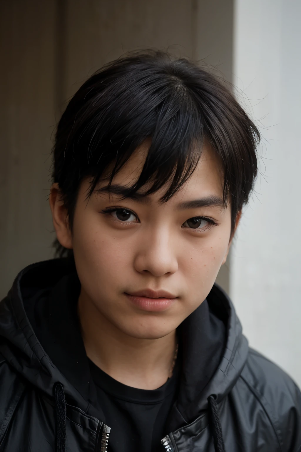 Drawing of an Asian teenager with urban style and a black wolf cut