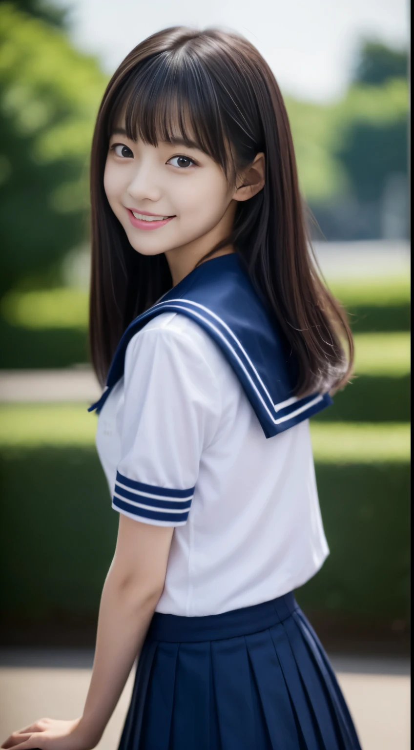 Close up of woman posing for photo,  japanese model model, -yeld fee model,  4K、bangss、A dark-haired、bobhair、Middle hair、Straight hair、(white  shirt, Sailor School Uniform, Dark blue pleated skirt:1.2),　(Super cute face in idol style:1.2)、school classrooms、slim and beautiful figure、beutiful breast、A smile、full bodyesbian、The background is an empty park、Beautiful legs、sexy  pose、white sock、White sneakers、