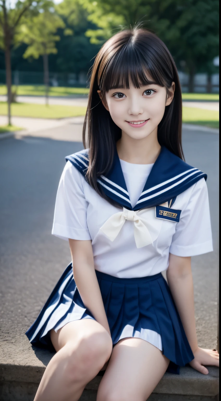 Close up of woman posing for photo,  japanese model model, 16-year-old female model,  4K、bangss、A dark-haired、bobhair、Middle hair、Straight hair、(white  shirt, Sailor School Uniform, Dark blue pleated skirt:1.2),　(Super cute face in idol style:1.2)、school classrooms、slim and beautiful figure、beutiful breast、A smile、full bodyesbian、The background is an empty park、Beautiful legs、sexy  pose、white sock、White sneakers、