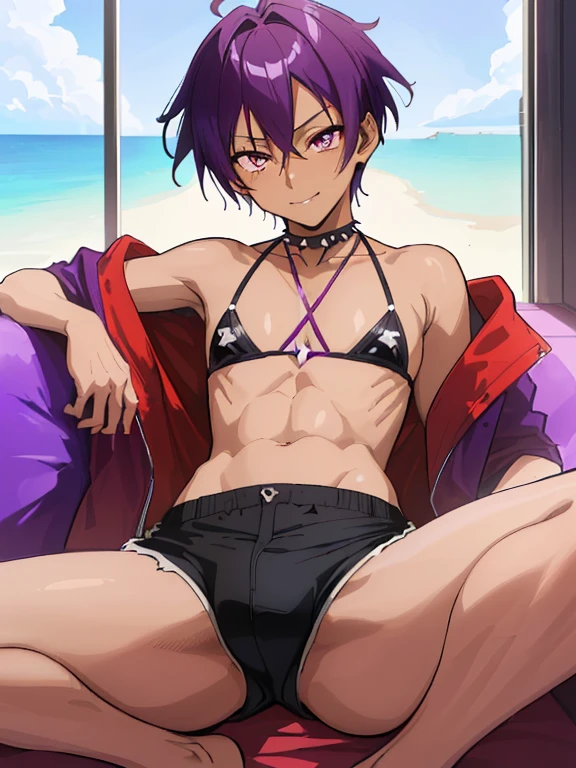 (((Official art,superfine illustration,hight resolution, masutepiece, best qualtiy,Best Quality,)))hightquality, detaileds, (A ),12 years omale idol with a super cute face,A boy as beautiful as Planding, Cool handsome face with smile, the beachサンダル、Long legs, thighs thighs thighs thighs, Foots, Bulge, (Purple hair、Spiky hairstyle)、Shiny hair, (Upper body bikini), (Tight shorts on the lower body),  sand beach、Cool pose, (厚いthighs thighs thighs thighs、Seduce your big ass to your crotch)、(((the beach)))、((cocky、))、Smirk、Spread legs,Ultra-fine painting, (Best Quality, 4K, 8K, hight resolution, masutepiece:1.2),(((Being aware of the sexual gaze of middle-aged gay men)))、Service Shots、(((Dark skin)))、((detailedsな目:1.2))