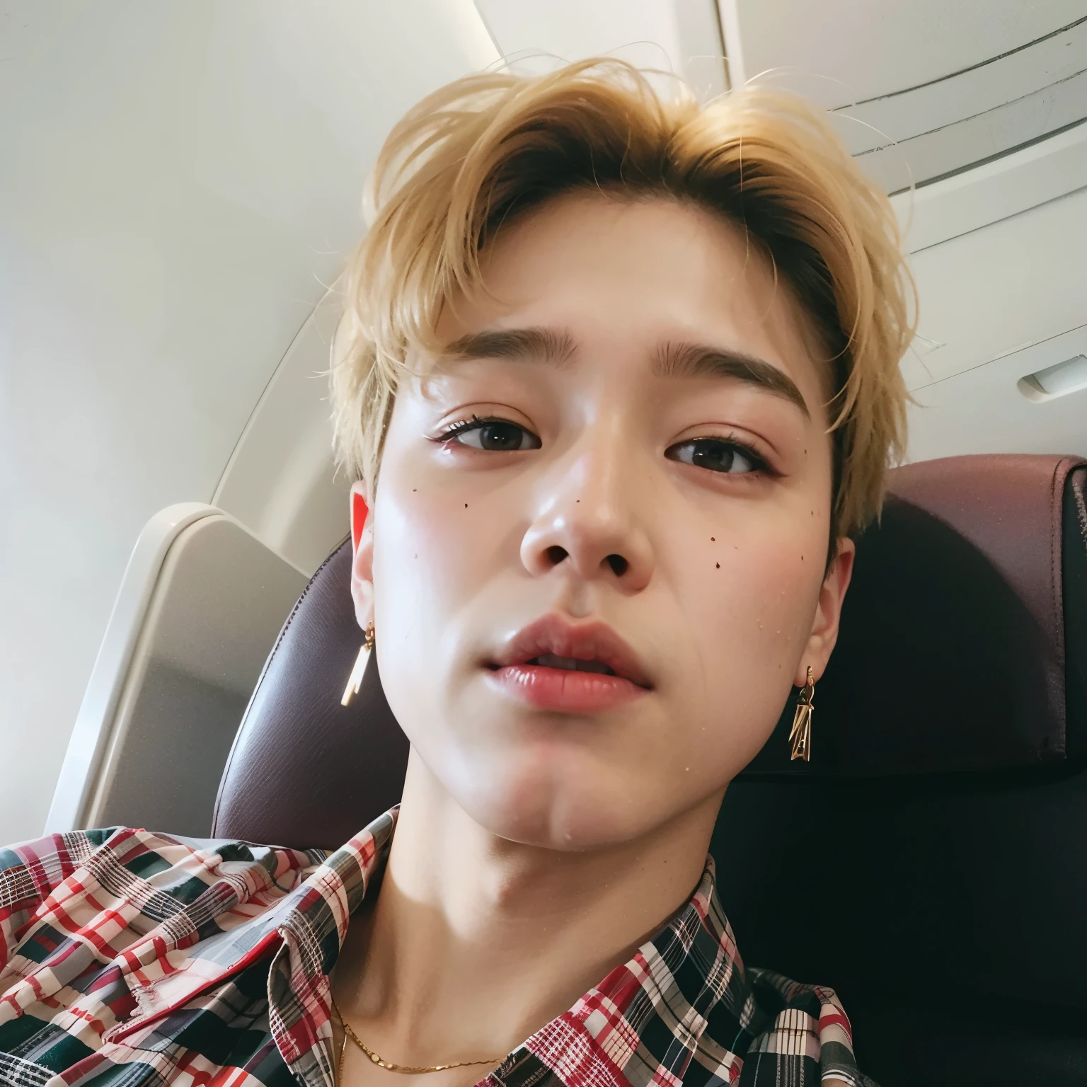 a close-up of a person sitting on an airplane wearing a plaid shirt, park Jimin, Jimin\'s right eyelid swollen, Jimin\Plump lips, Jimin\Nariz grego, Jimin, accurate Jimin face, Jung Jaehyun, Hyung Tae, Cai Xukun, Hong June Hyung, TaeJune Kim, Todos do Grupo NCT