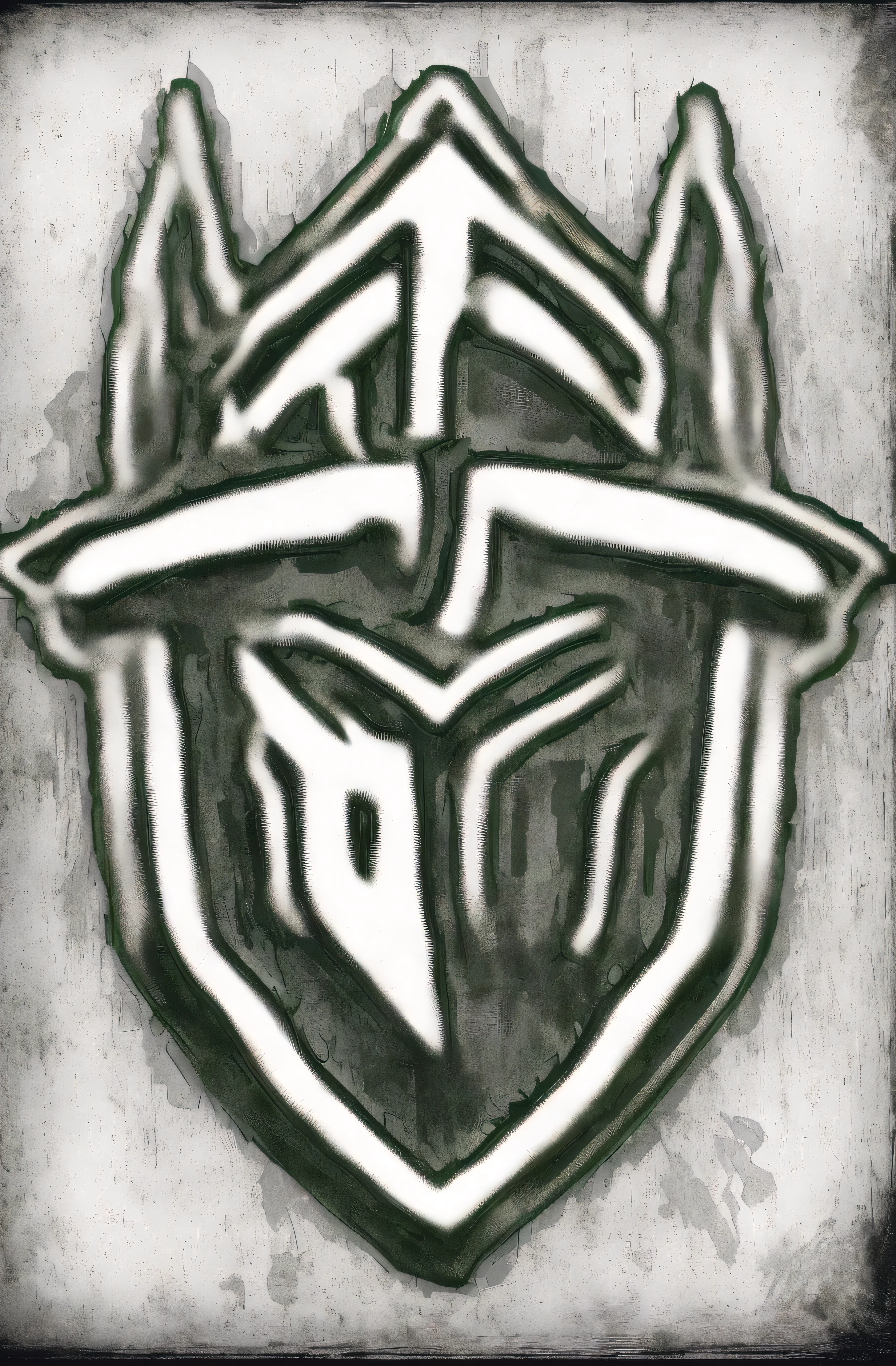 Close up of black and white logo with horn header, sharp metal crest, trident, badges, the ancient symbols behind it, silver blade, shield design, Trev Caesar, Keda, Esports logo, There are silver runes on it, trident metal crown, character icon, 2020, 2 0 2 0, In Tarkov,Outline with thick lines,great clarity