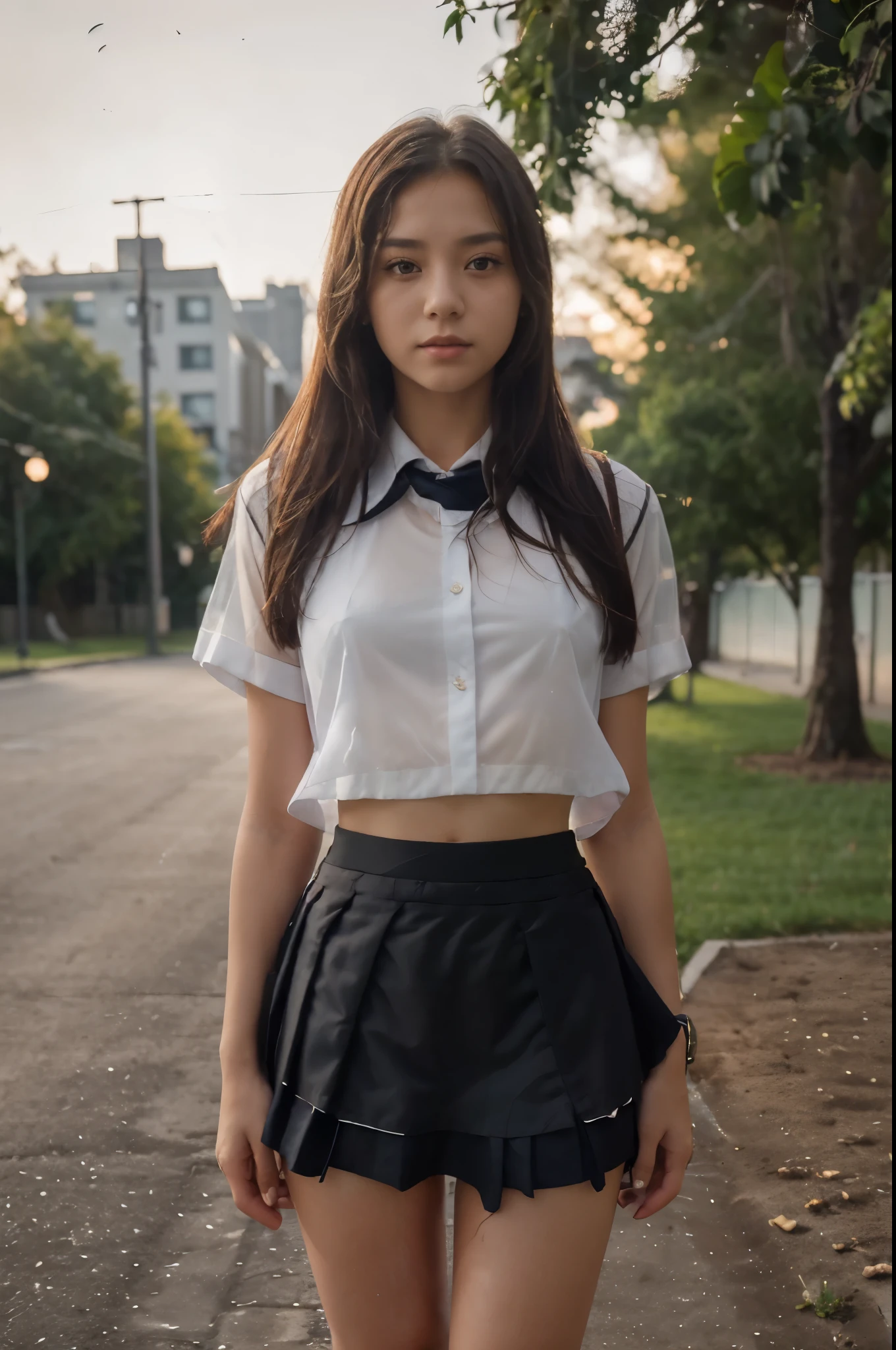 18 years old female, long hair, RAW photo, bokeh (realism: 1.4, realistic), high detail CG unified 8K wallpaper, 1girl, ((slim body: 1)), (small breasts: 1), back to viewer, ((direct view from the front)), (HQ skin: 1.4), 8k uhd, dslr, soft light, high quality, film grain, Fujifilm XT3, ((school uniform, short skirt,see through open skirt:1.5)), ((outdoor, at park))) jangjoo, portrait,((Layered short Haircut, black hire,small breast:1.2)),(looking at viewer:1.4),(full body:1.8)