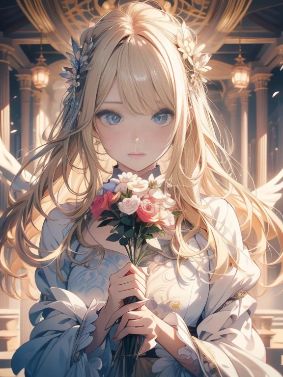 Official art, ヨーロッパの​masterpiece女性, Angel, one white winged, Pale brown hair , Brown eyes, (​masterpiece、top-quality、hight resolution: 1.4),in 8K, Anime Art Nouveau, highly detailed exquisite fanart, anime fantasy illustration, clean detailed anime art, detailed anime art, Sharp Focus, Delicate Beautiful Hair and Eyes and Face, realisitic, ultra-detailliert, Flower Garden