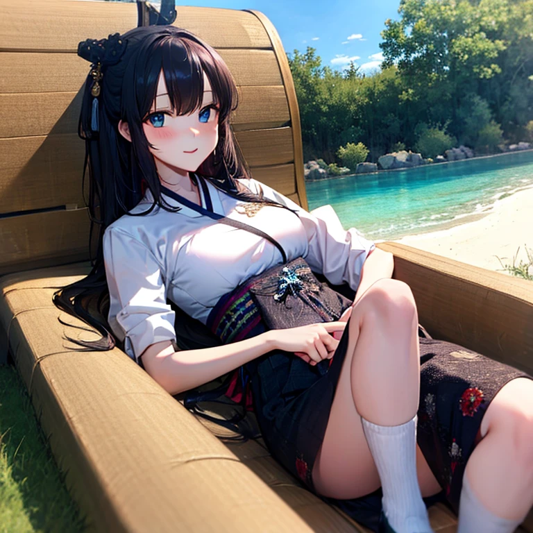 in container, 1girl, 独奏,
animal ears, cat tail, black hair,blue eyes, Shirt, Long hair, blusher, sitting, white shirt, snowing, Bangs, closed mouth, 鎖骨,short sleeves, snowing,
full - body, sitting ,(cutie:1),in a box,looking a viewer,