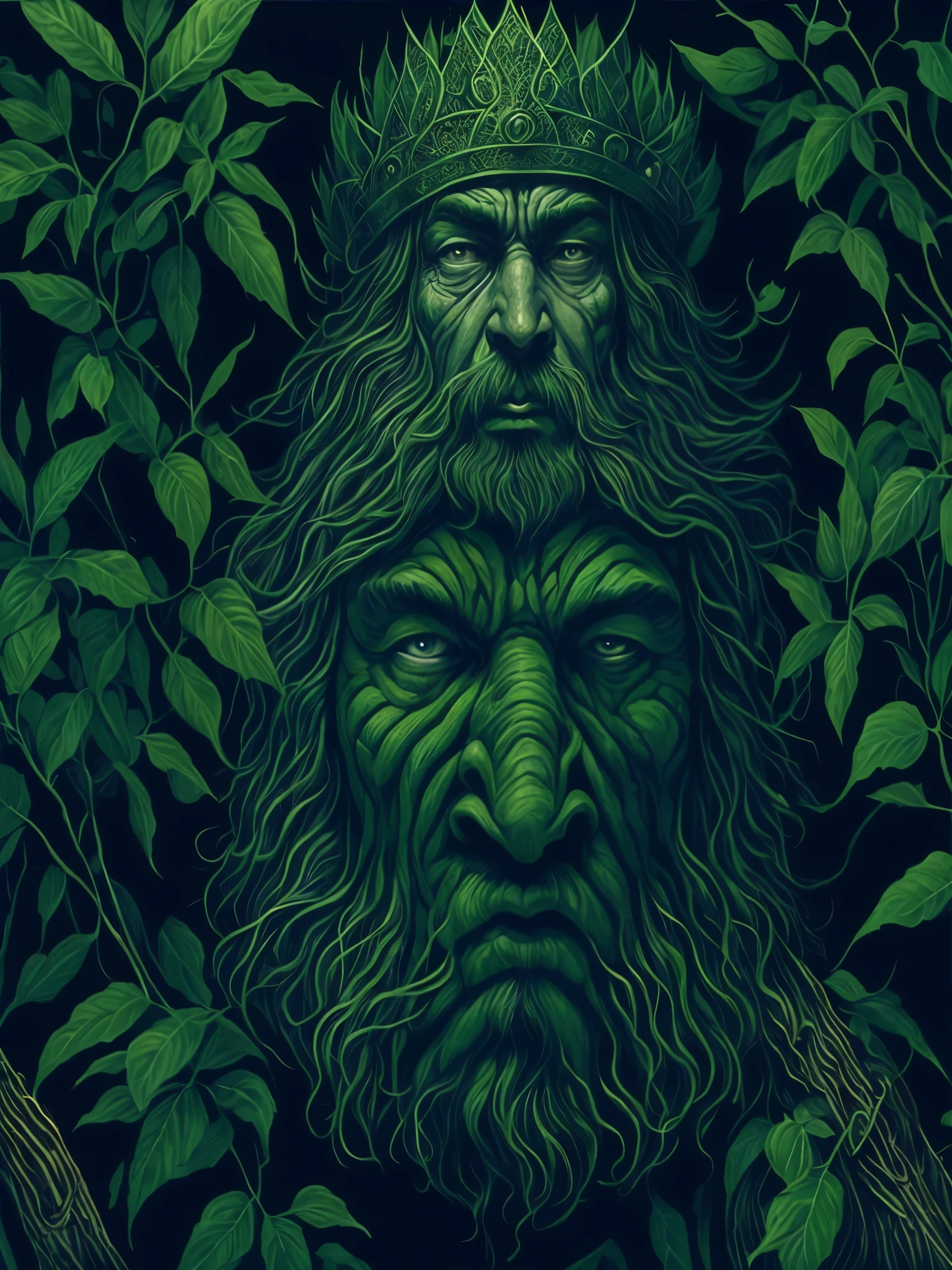 A painting of a man with a crown on his head surrounded by leaves, god of the forest, Green Man, green skin. Convoluted, green face, el bosco and dan mumford, Sernunnos, by Keren Beiit, kerem beyit, God of nature, About the swamp, forest spirit, Sergey Zabelin, forest soul, treebeard, Justin Gerard