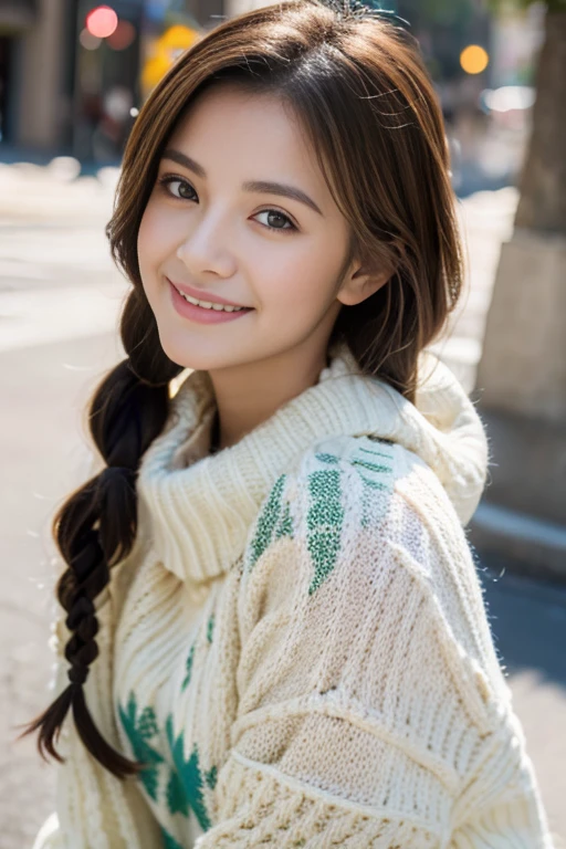 highest quality, masterpiece, ultra high resolution, (realistic:1.4), (close portrait) Raw photo, 1 girl, 22 years old,(((brown one piece sweater))),((down coat)),masterpiece, realistic pictures, japanese pictures, fuji negative film, saturation, contrast, Pocari Sweat Advertisement ((small breasts)),((smiling showing teeth)),Ponytail and scrunchie,brown hair,